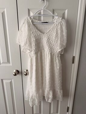 White Swiss Dot Smocked Babydoll Dress